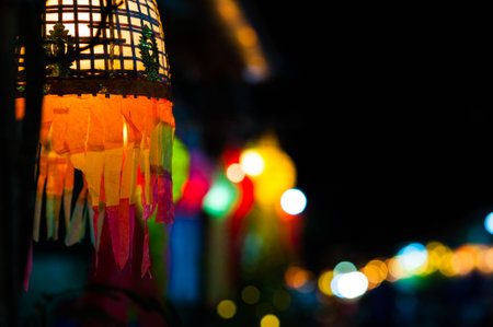 Colorful lanterns in the night market. Selective focus.の写真素材