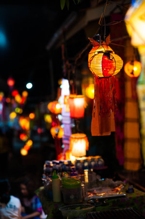 Thai style lanterns in night market, Chiang Mai, Thailandの写真素材