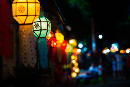 Lanterns on the street at night, Chiang Mai, Thailandの写真素材