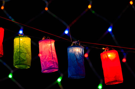 Colorful paper lanterns on black background, Thai style lanternsの写真素材