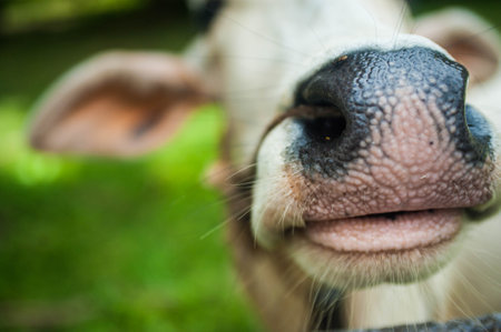 Close up of a cow's nose in a farm, shallow depth of fieldの写真素材