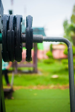 Dumbbells in the park, selective focus, shallow DOFの写真素材
