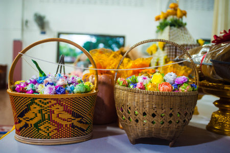 Thai style colorful candy in the basket for sale at the marketの写真素材