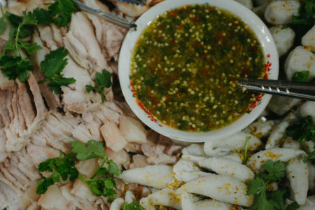 Boiled pork with spicy sauce and parsley for Thai food.