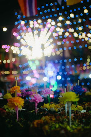Bokeh of flower in the market at night, Thailand.の写真素材
