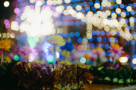 bokeh of flower and candle in temple for background usage.の写真素材
