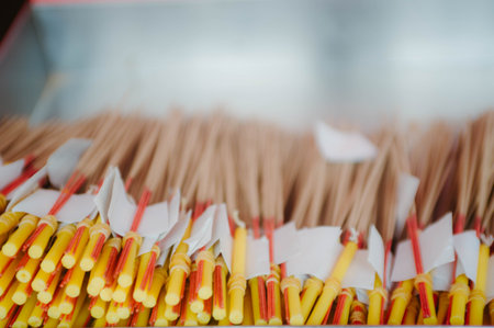 Incense sticks in a Buddhist temple, close-up, selective focusの写真素材