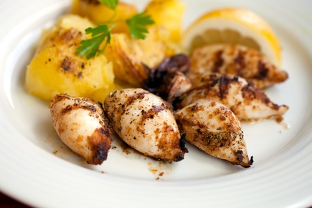 Delicious grilled squids  with potatoes, Greece