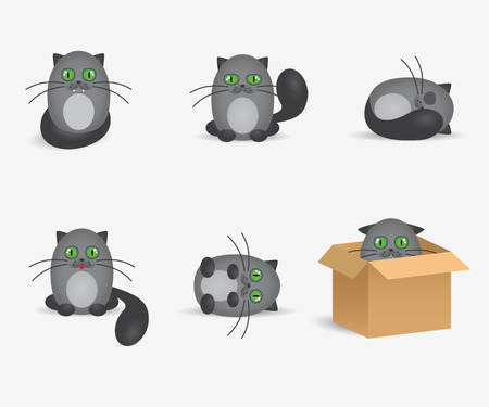 Vector cats flat icons set. Cute gray cats with geen eyes.のイラスト素材