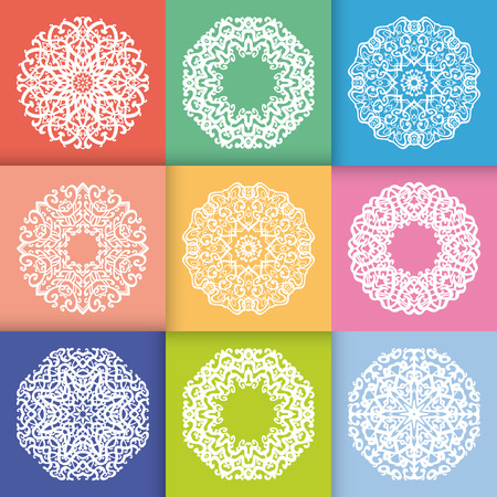Pattern with Round Ornaments in flat pastel style colors. Vintage decorative geometric elements pattern. Snowflakes or mandala.の写真素材