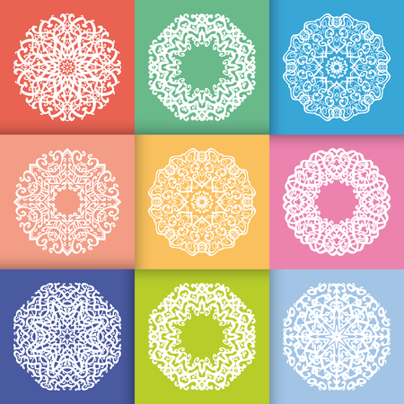 Pattern with Round Ornaments in flat pastel style colors. Vintage decorative geometric elements pattern. Snowflakes or mandala.の写真素材