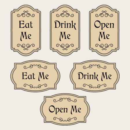 Vintage set with labels Eat me, Drink me, Open meの写真素材