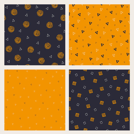 Set of hand drawn Halloween seamless patterns. Vector collection of backgrounds in traditional holiday colors.のイラスト素材
