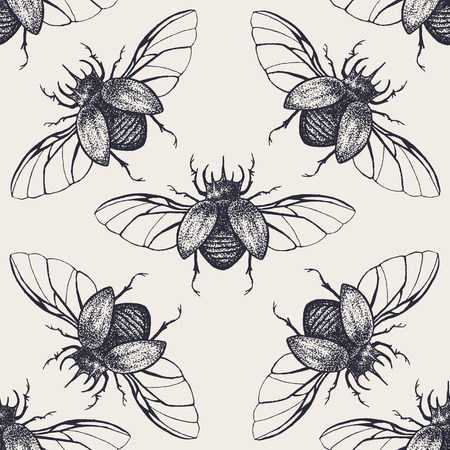 Beetles with wings vintage seamless patternの写真素材