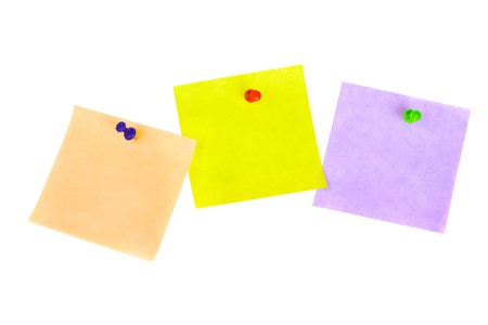 Three sticker notes with pins isolated on white backgroundの写真素材