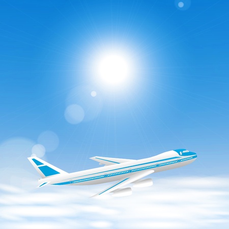 Airplane above the clouds in the blue sky. Vector eps10 illustrationのイラスト素材