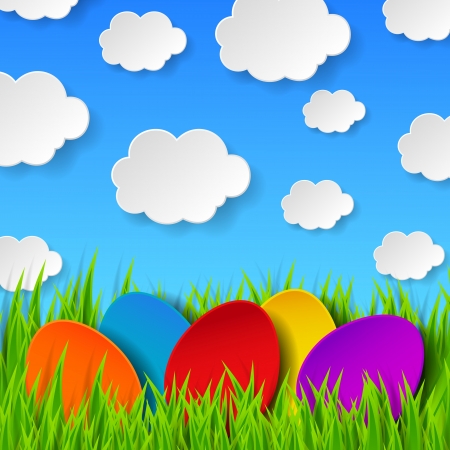Abstract Easter eggs made of paper on colorful spring background with green grass, sky and clouds. のイラスト素材