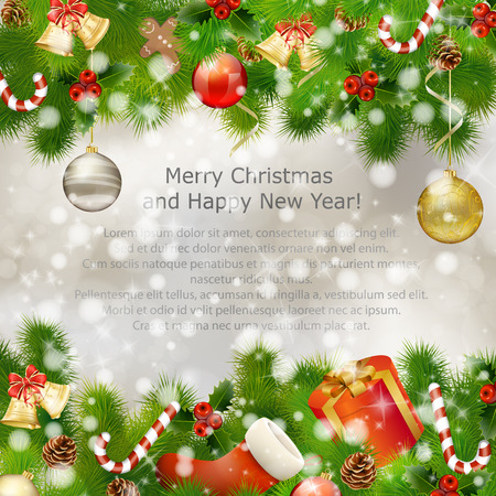 Merry Christmas greeting card with gift boxes, holy berries, Christmas balls, fir branches, candies and other Xmas decorations. Vector eps10 illustrationのイラスト素材