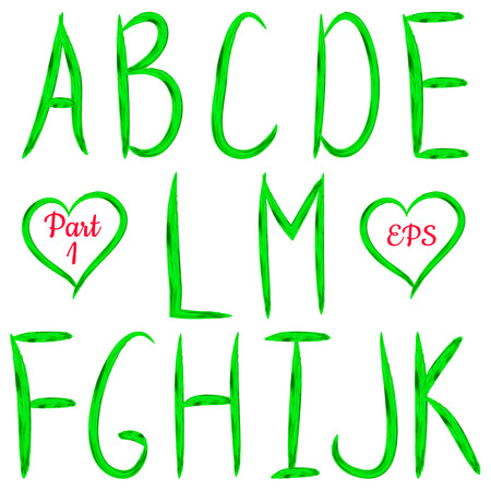 Green handwritten textured letters on white background. VectorABC. Acrylic design.Editable template.のイラスト素材