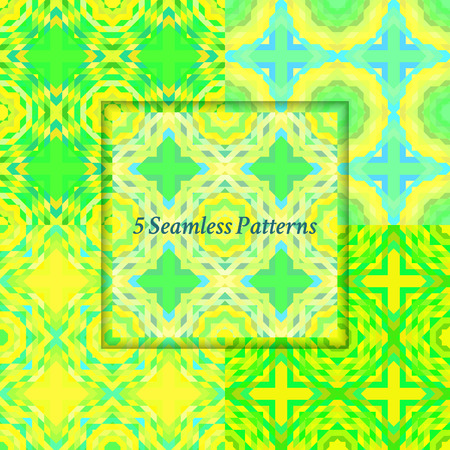 Set of mosaic abstract seamless patterns. Bright colors. Fantasy vivid background.のイラスト素材