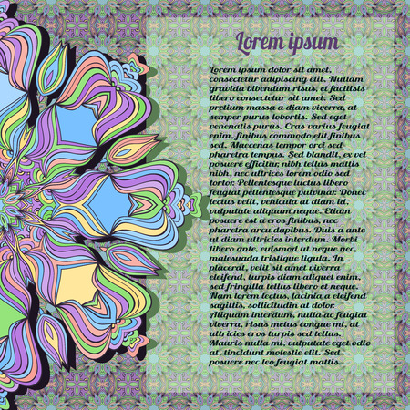 Zentangle vector doodle frame.Invitation card on patterned background with mandala ornament. Template frame design for card.のイラスト素材