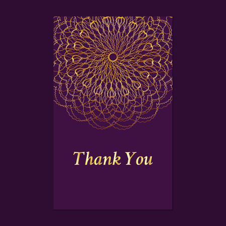Purple vintage invitation card with gold lace doily flower . Template frame design for card with lace ornament.のイラスト素材