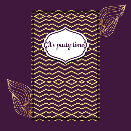 Editable template. Art Deco Pattern. Vintage  invitation. Purple and gold geometrical backdrop. Retro frame.のイラスト素材