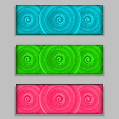 Set of 3 colorful acrilic banners. Bright texture background. Blue, pink and green spirals. Vector illustration.のイラスト素材