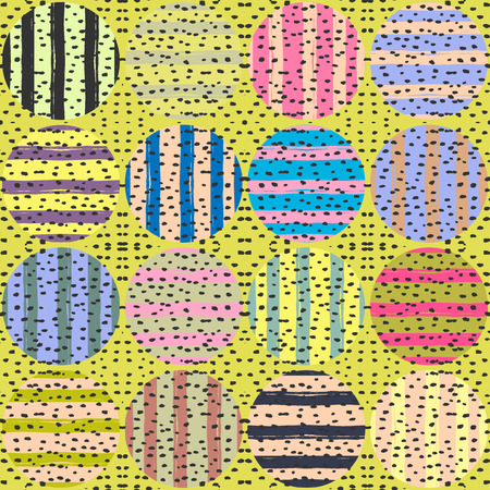 Fantasy abstract seamless pattern made with ink. Vector illustration. Colorful modern background. Fantasy backdrop with strips, dots and circles.Retro design.のイラスト素材