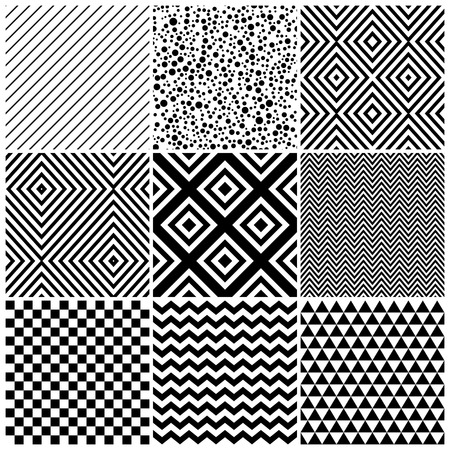 Set of 8 abstract geometric patterns. Classic black and white seamless wallpaper. Vector illustration. Fantasy background with geometric shapes. Zigzag, chevron, checkerboard,circle, rhombus.のイラスト素材