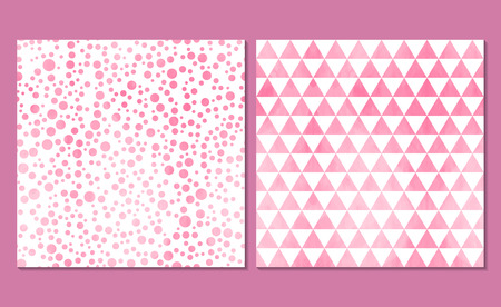 Set of 2 watercolor seamless patterns. Classic polka dot and background with triangles. Vector illustration. White wallpaper with soft pink circles and triangles.のイラスト素材