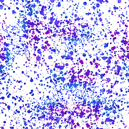 Bright watercolor seamless pattern. White background with colorful blue and purple paint drops texture.Freehand acrylic splash backdrop.Vector illustration.