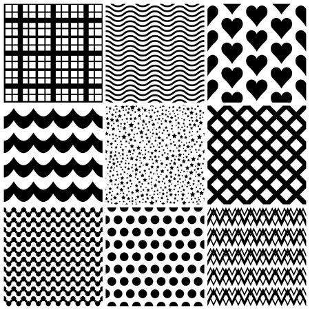 Set of 9 abstract geometric patterns. Classic black and white seamless wallpaper. Vector illustration. Fantasy background with geometric shapes. Zigzag chevron circle rhombusstars.のイラスト素材