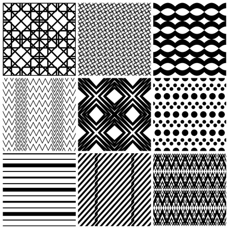Set of 9 abstract geometric patterns. Classic black and white seamless wallpaper. Vector illustration. Fantasy background with geometric shapes. Zigzag chevron polka dot circle rhombus lines.のイラスト素材