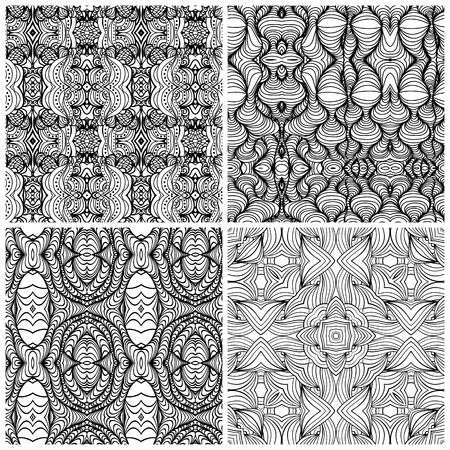 Set of 4 black and white wave seamless pattern.Vector illustration.  Monochrome zentangle festive doodle pattern.のイラスト素材