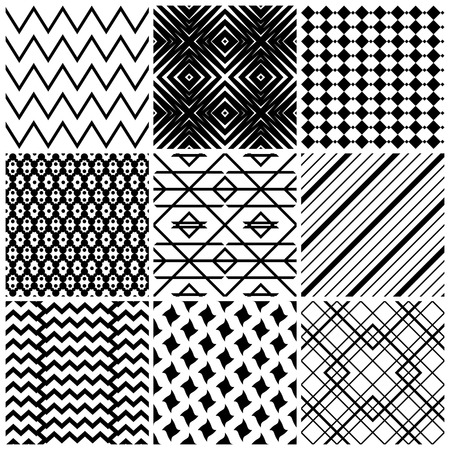 Set of 9 abstract geometric patterns. Classic black and white seamless wallpaper. Vector illustration. Fantasy background with geometric shapes. Zigzag chevroncircle rhombus.のイラスト素材