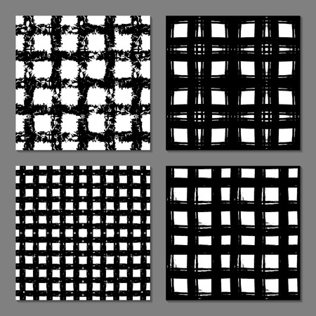 Black and white  background with grungy grid. Set of 4 monochrome abstract seamless pattern. Modern design. Vector illustration.のイラスト素材