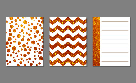 Set of 3 gold glitter  journaling cards. Vector illustration. Editable template. Space for your text.のイラスト素材