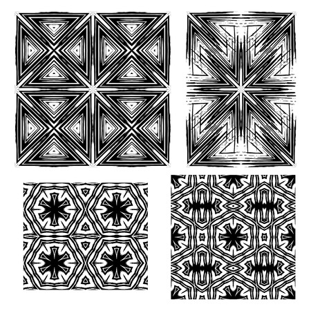 Set of 4 abstract retro  patterns. Black and white seamless wallpaper. Vector illustration. Monochrome background with fantasy geometric shapes.のイラスト素材
