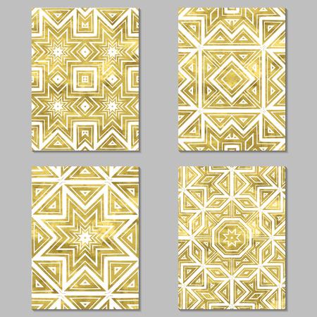 Set of 4 gold and white  journaling cards. Vector illustration. Editable template.  Grunge, floral, ethnic.のイラスト素材
