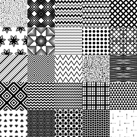 Set of 25 various abstract  patterns. Fantasy background with geometric shapes,  zigzag, chevron, circle, rhombus, hearts,flowers,  diamond, confetti,stars. Classic and modern seamless wallpaper.のイラスト素材