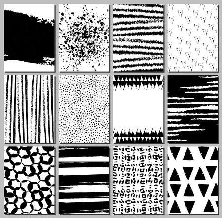 Set of 12 handmade journaling cards or invitations made with ink.  Easy editable isolated elements.Vector illustration. Monochrome textures.のイラスト素材