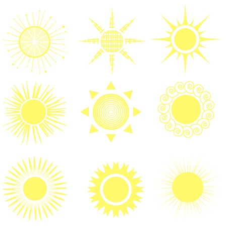 Yellow sun on the white background. Set of 9 bright isolated elements. Vector illustration. Artistic sign for logo, icon or other design.のイラスト素材