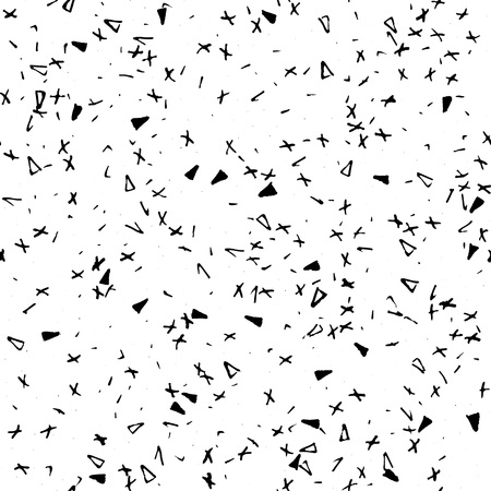 Confetti seamless pattern  with handmade destroyed dots, line, cross, triangles. Monochrome cover. Black and white  dirty template. Vector illustration with grunge confetti.のイラスト素材