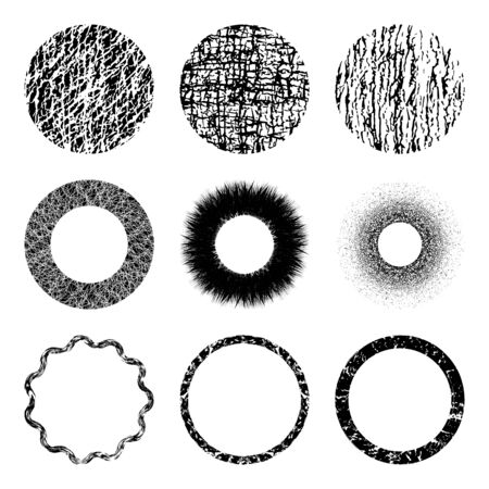 Vector set of of black circle grunge shapes, frames or brush strokes for  design. Unique hand sketched grunge brushes or banners for your design shapes or branding identity. Freehand. Watercolor splash. Acrylic stamp.のイラスト素材