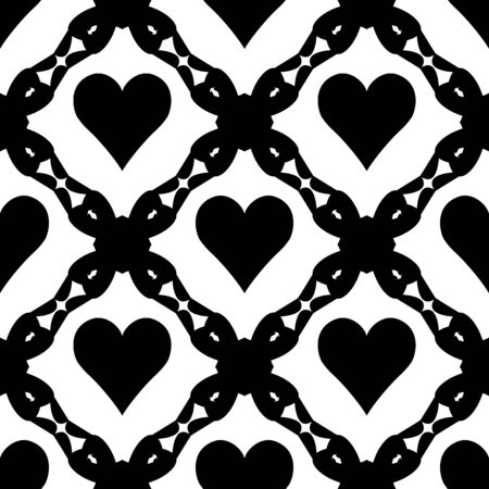 Abstract  seamless pattern with  hearts and art  lace. Symmetry  gothic black and white  background. Vector illustration. Ethnic design. Cute print for textile, wrapping, web, invitation or cosplay.のイラスト素材