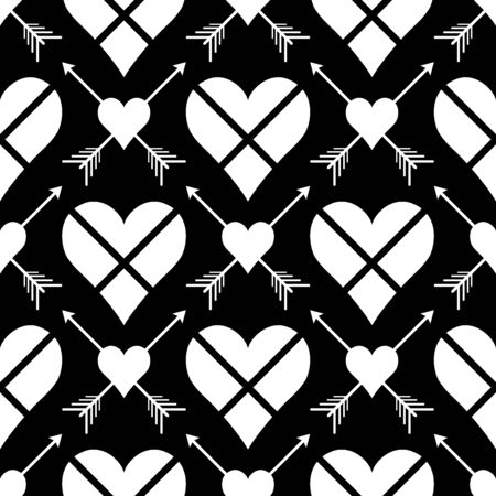 Abstract  seamless pattern with  hearts and arrows. Symmetry   black and white background. Vector illustration. Classic design. Cute print for textile, wrapping, web, invitation or cosplay.のイラスト素材