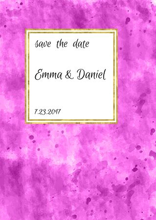 Pink and gold invitation card, wedding invitation,greeting card or postcards.  Place for your text. Classic design. Art watercolor pink stain. Vector editable template. Abstract background.のイラスト素材
