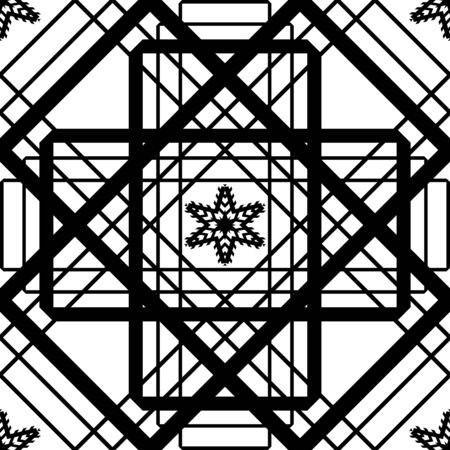 Abstract geometric tangled seamless pattern with grid. Simple black and white background.Vector illustration. Monochrome classic design.のイラスト素材