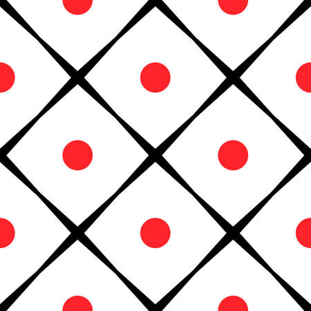 Geometric black, white and red seamless pattern with rhombus. Abstract vector diamond net. Artistic illustration for fabric design, wallpaper, decorative paper, web design, templates, collages.のイラスト素材
